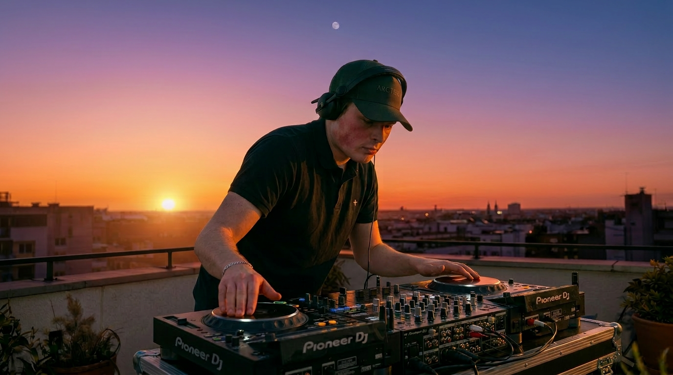 DJ at sunset on rooftop