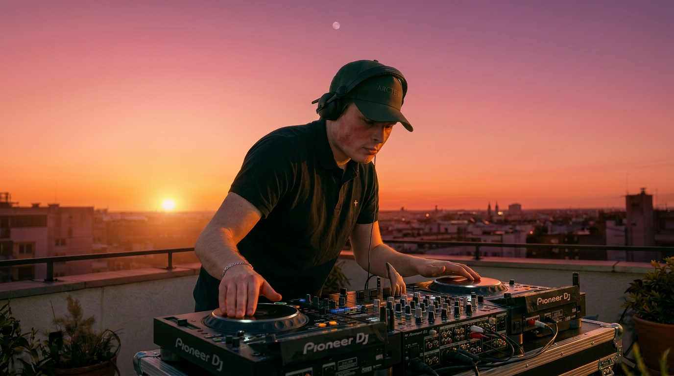 DJ at sunset on rooftop